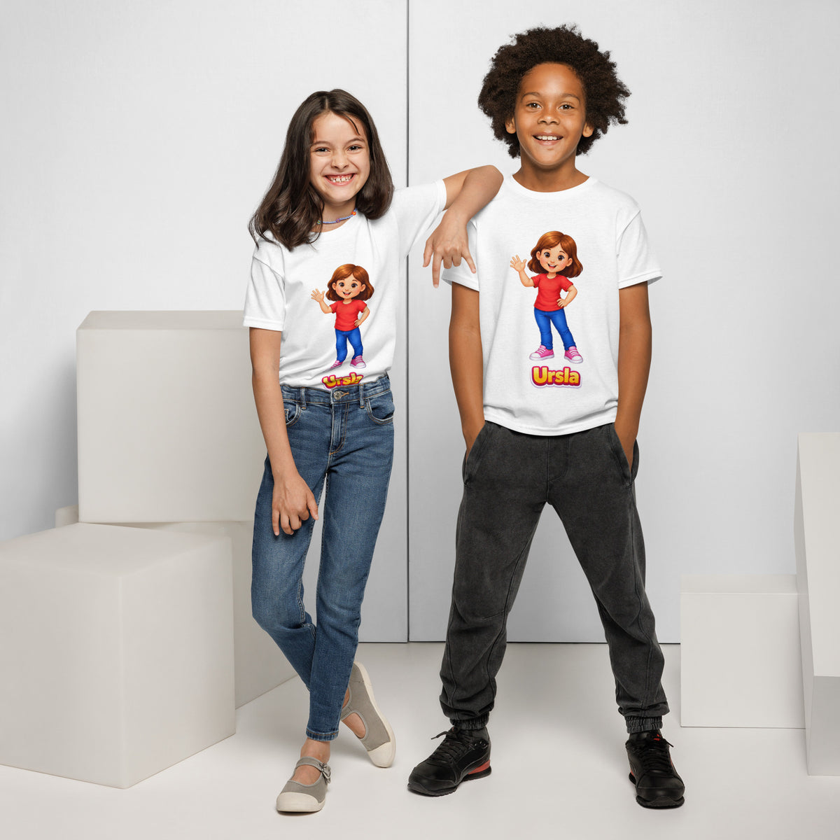 BrightBuddySkills Ursla kids T-shirt in white, worn by two kids, front view, featuring Ursla