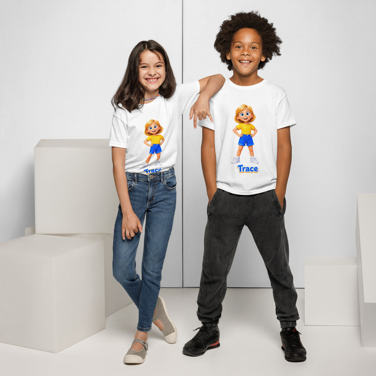 BrightBuddySkills Trace kids T-shirt in white, worn by two kids, front view, featuring Trace