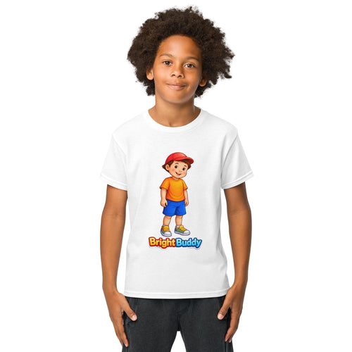 BrightBuddySkills BrightBuddy kids T-shirt in white, front view on a child, featuring BrightBuddy