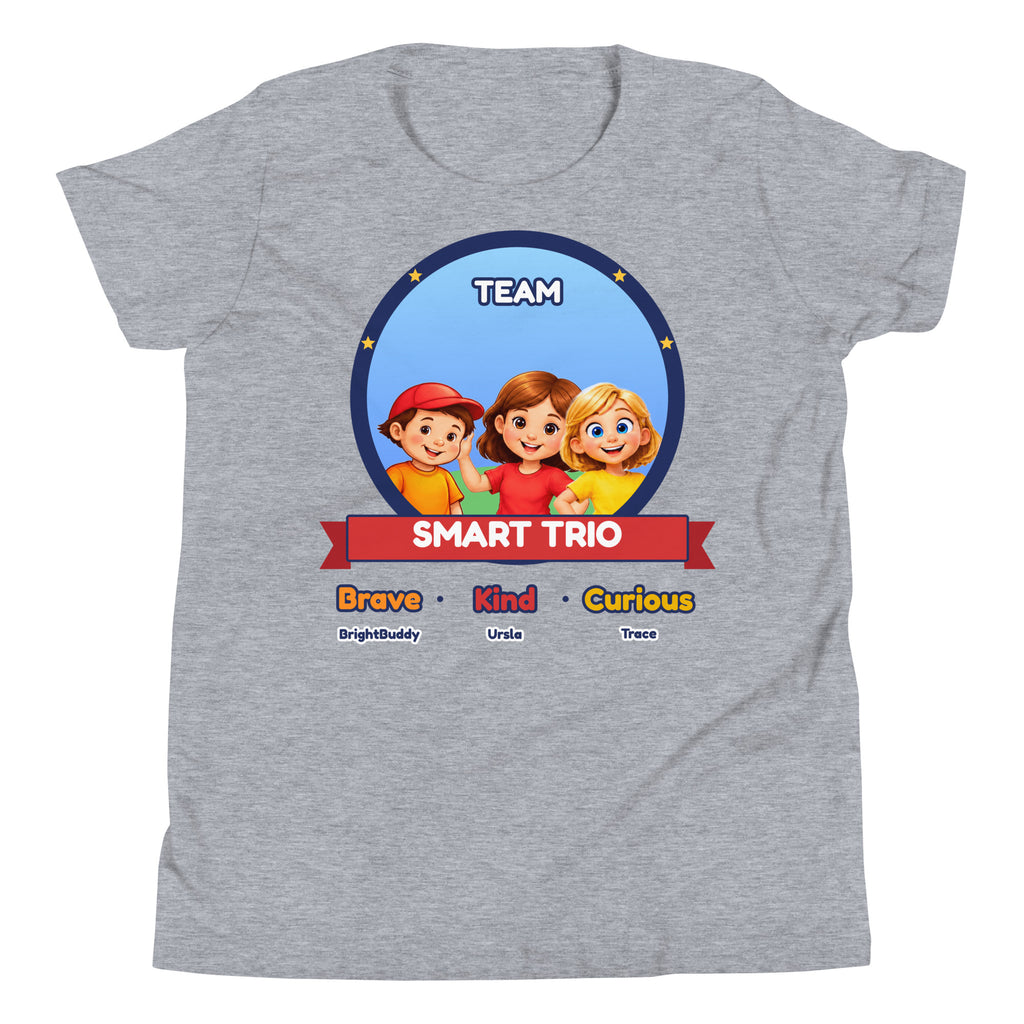Team Smart Trio kids t-shirt, Brave Kind Curious, worn by a child