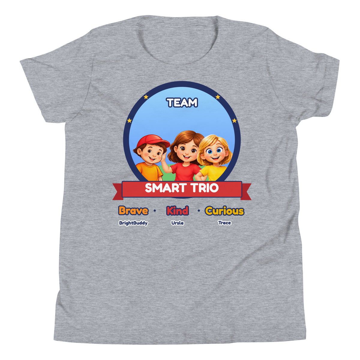 Team Smart Trio kids t-shirt, Brave Kind Curious, worn by a child